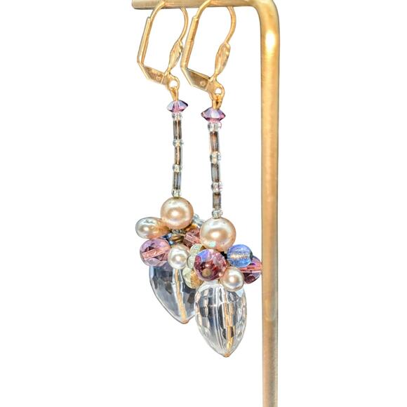 Crystal Faceted Heart Pearl Crystal Flower Beaded Gold Tone Lever Back Earrings - Picture 5 of 8